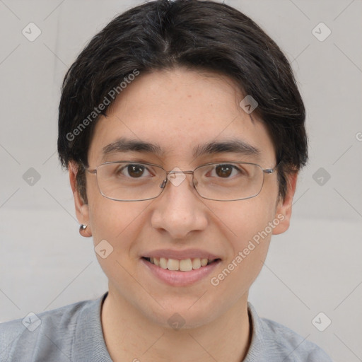 Joyful white adult female with short  brown hair and brown eyes