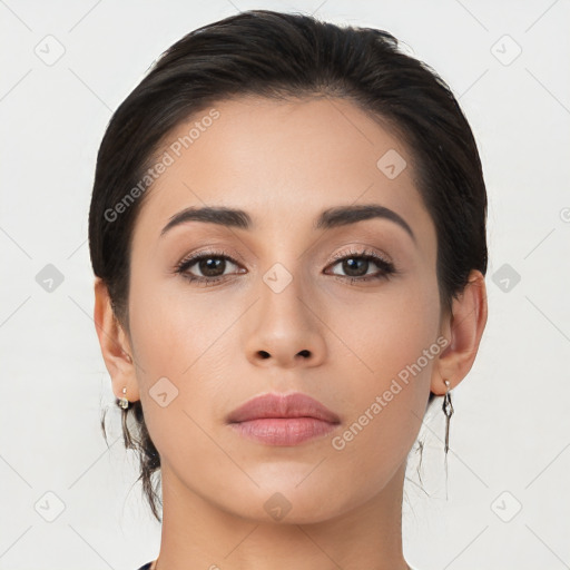 Neutral asian young-adult female with medium  brown hair and brown eyes