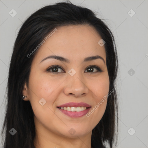 Joyful asian young-adult female with long  brown hair and brown eyes