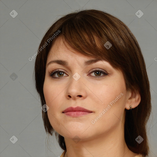 Neutral white young-adult female with medium  brown hair and brown eyes