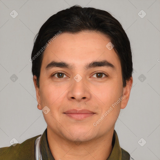 Joyful white young-adult male with short  black hair and brown eyes