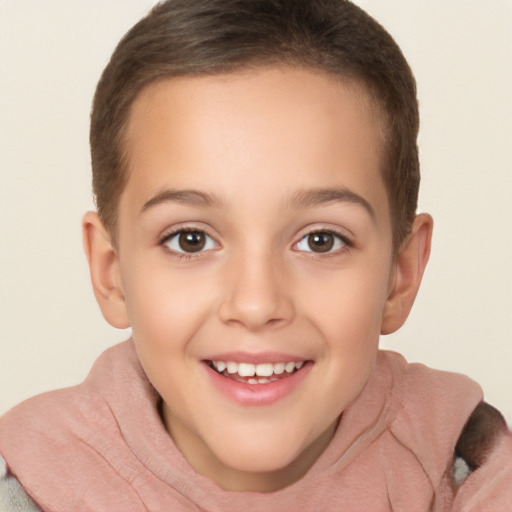 Joyful white child female with short  brown hair and brown eyes