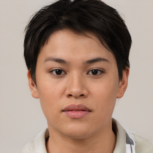 Neutral asian young-adult female with short  brown hair and brown eyes