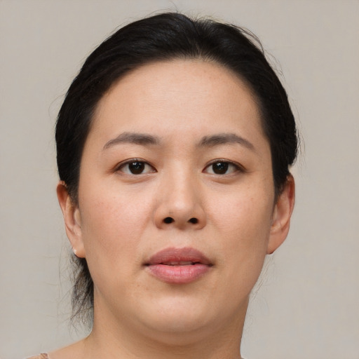 Neutral asian young-adult female with short  brown hair and brown eyes