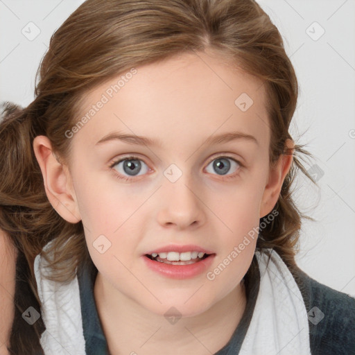 Joyful white child female with medium  brown hair and blue eyes