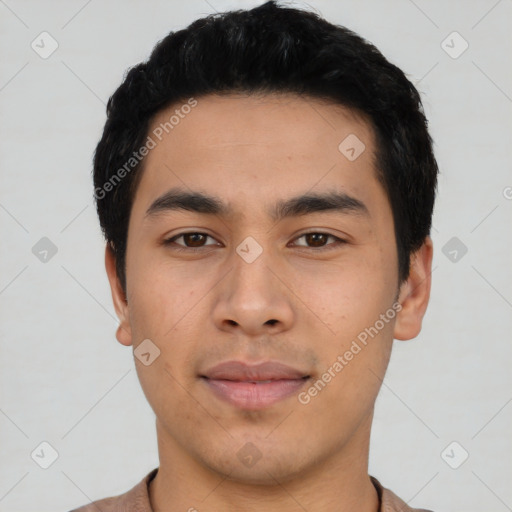 Neutral asian young-adult male with short  black hair and brown eyes