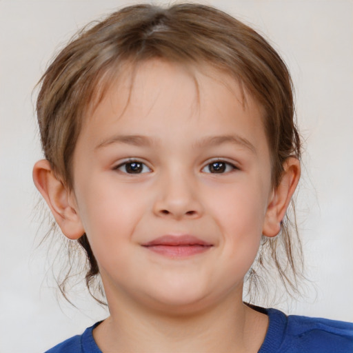 Joyful white child female with medium  brown hair and brown eyes