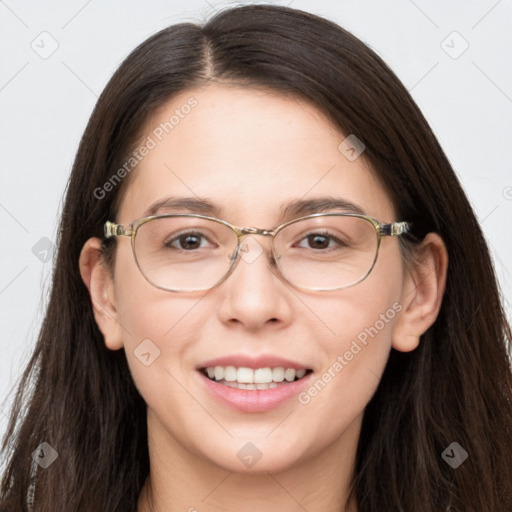 Joyful white young-adult female with long  brown hair and grey eyes