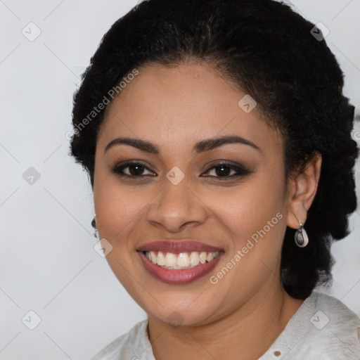 Joyful latino young-adult female with long  brown hair and brown eyes