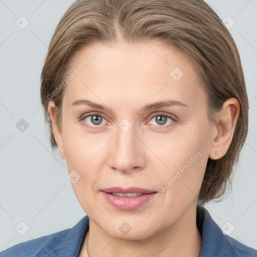 Joyful white young-adult female with medium  brown hair and blue eyes