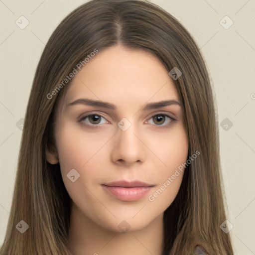 Neutral white young-adult female with long  brown hair and brown eyes