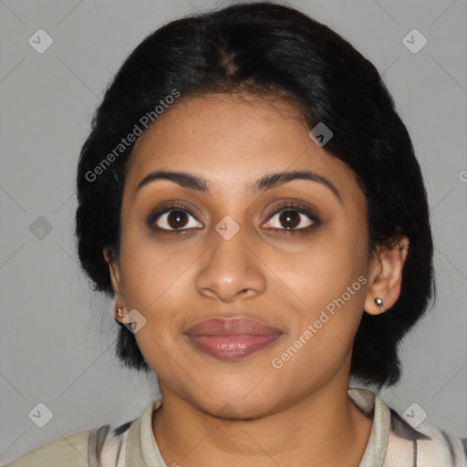 Joyful latino young-adult female with medium  black hair and brown eyes