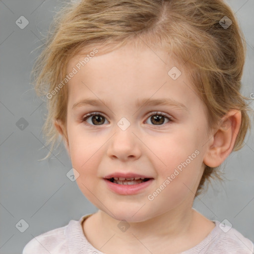 Joyful white child female with medium  brown hair and brown eyes