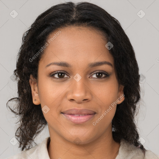 Joyful black young-adult female with medium  brown hair and brown eyes