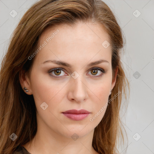 Neutral white young-adult female with long  brown hair and brown eyes