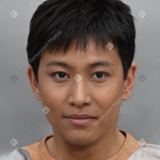 Neutral asian young-adult male with short  brown hair and brown eyes