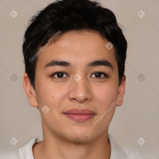 Joyful asian young-adult male with short  brown hair and brown eyes