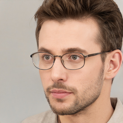 Neutral white adult male with short  brown hair and brown eyes