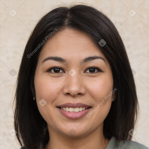 Joyful asian young-adult female with medium  brown hair and brown eyes