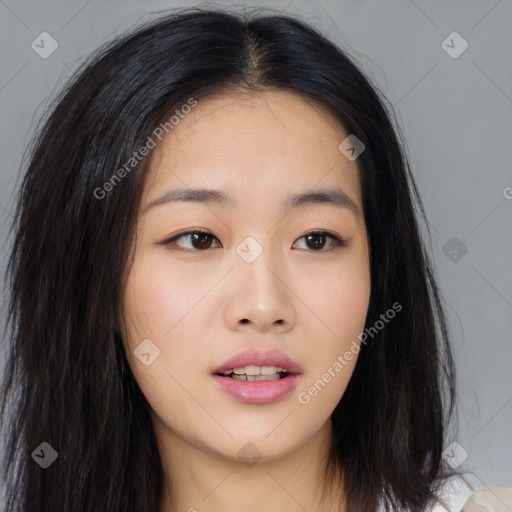 Neutral asian young-adult female with long  brown hair and brown eyes