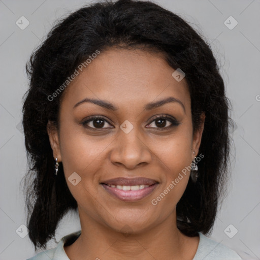 Joyful black young-adult female with medium  brown hair and brown eyes