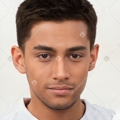 Neutral white young-adult male with short  brown hair and brown eyes