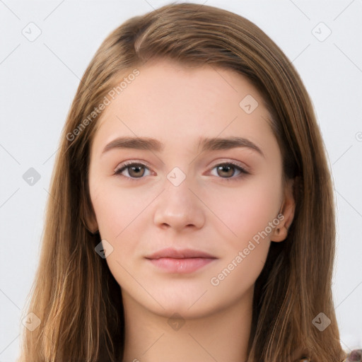 Neutral white young-adult female with long  brown hair and brown eyes