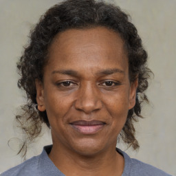 Joyful black adult female with medium  brown hair and brown eyes