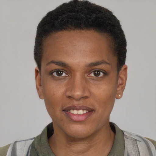 Joyful black young-adult female with short  black hair and brown eyes