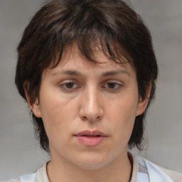 Neutral white adult female with medium  brown hair and brown eyes