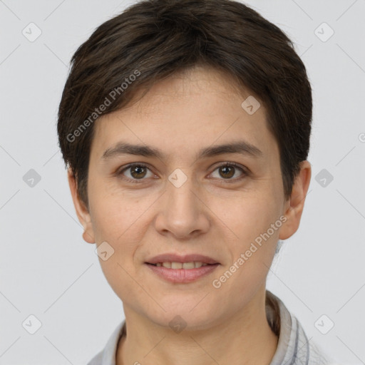 Joyful white young-adult female with short  brown hair and brown eyes