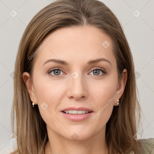 Joyful white young-adult female with long  brown hair and grey eyes