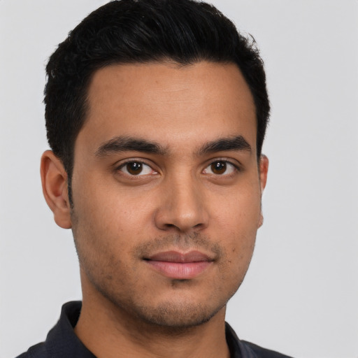 Neutral latino young-adult male with short  brown hair and brown eyes