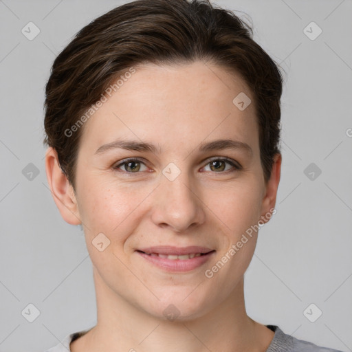 Joyful white young-adult female with short  brown hair and grey eyes