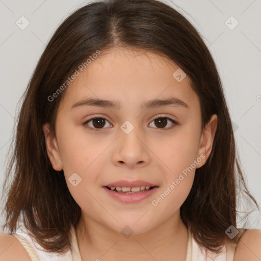 Joyful white child female with medium  brown hair and brown eyes