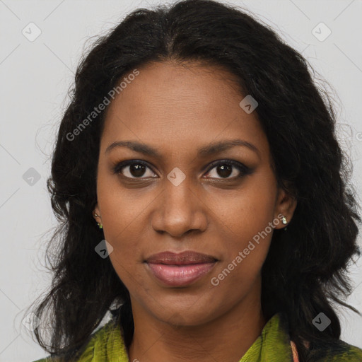 Joyful black young-adult female with medium  brown hair and brown eyes