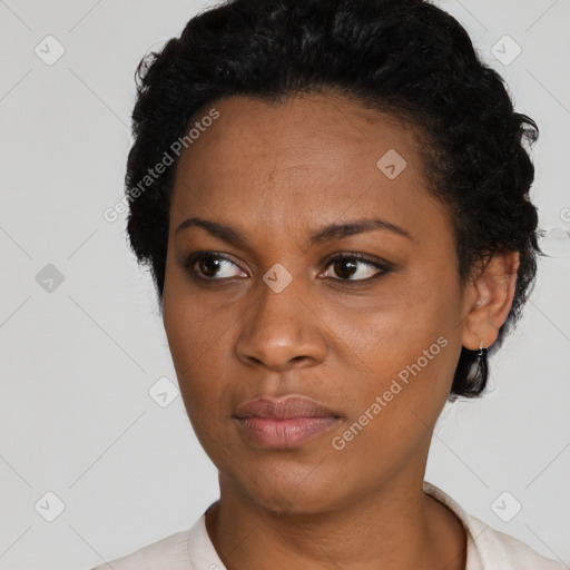 Neutral black young-adult female with short  black hair and brown eyes