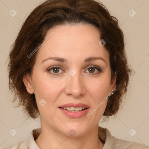 Joyful white young-adult female with medium  brown hair and green eyes