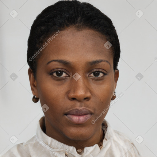 Neutral black young-adult female with short  black hair and brown eyes