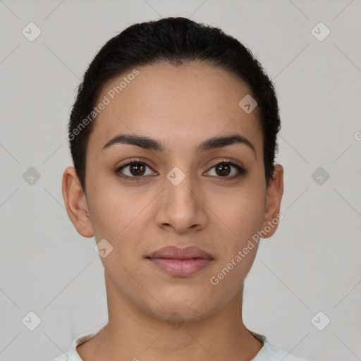 Neutral latino young-adult female with short  black hair and brown eyes