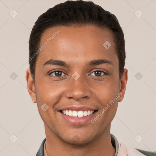 Joyful white young-adult male with short  brown hair and brown eyes