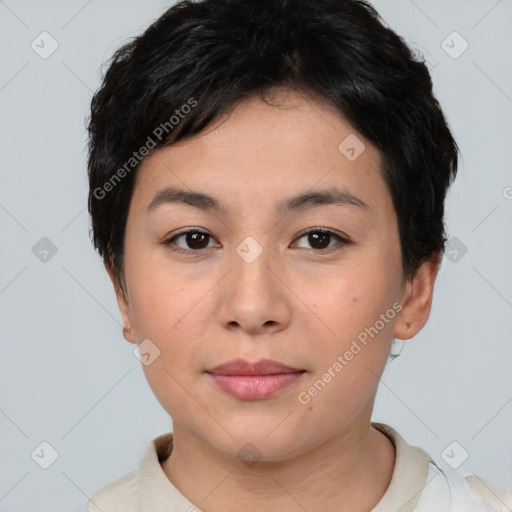 Neutral asian young-adult female with short  black hair and brown eyes