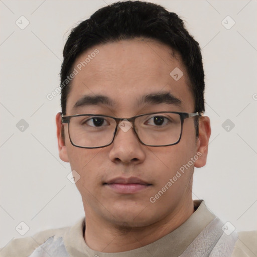 Neutral asian young-adult male with short  black hair and brown eyes