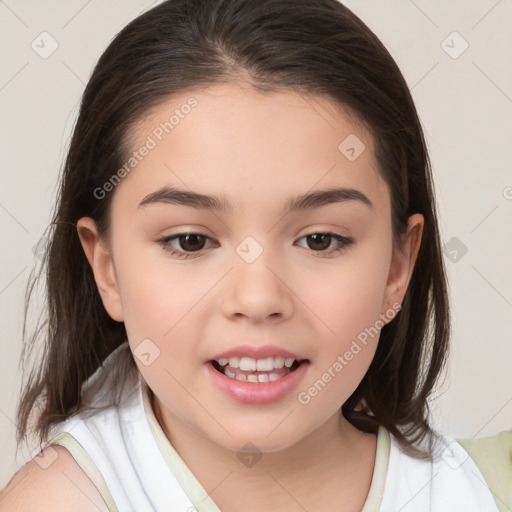 Joyful white child female with medium  brown hair and brown eyes