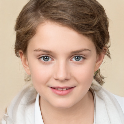 Joyful white child female with medium  brown hair and brown eyes