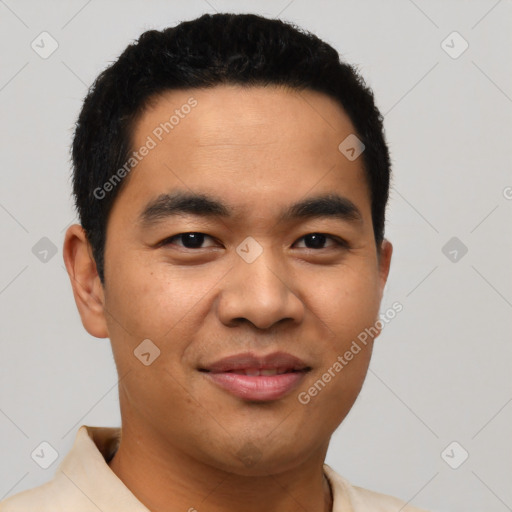 Joyful latino young-adult male with short  black hair and brown eyes