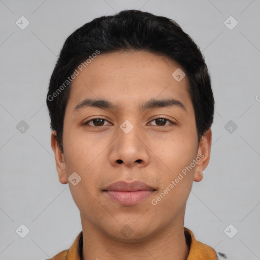 Neutral asian young-adult male with short  black hair and brown eyes