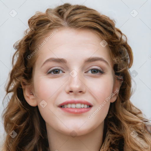 Joyful white young-adult female with long  brown hair and blue eyes