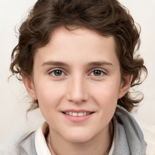 Joyful white child female with medium  brown hair and brown eyes