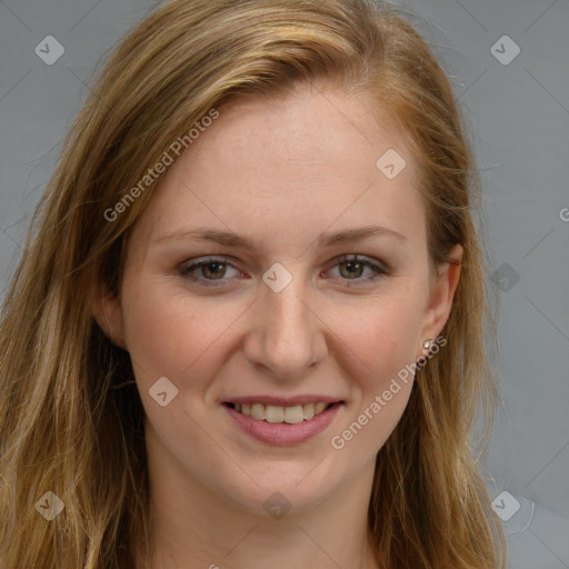 Joyful white young-adult female with long  brown hair and blue eyes